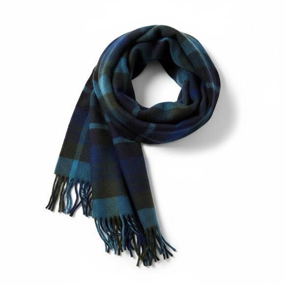 J Crew By Moon England Mens Merino Wool Blue Plaid Knit Scarf Fringe - Picture 5 of 9